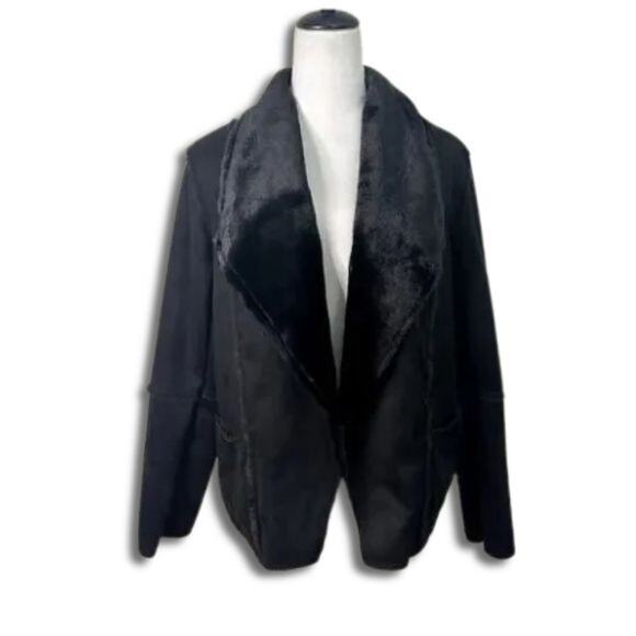 Max Studio Short Jacket Faux Fur Lining Suede Hook Eye Closure Black Large NWOT - Picture 2 of 9